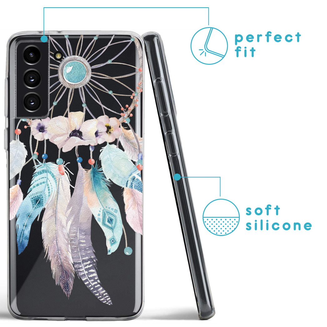 Transparante telefoonhoes met een dromenvanger ontwerp. Toont de zijkant en de achterkant.