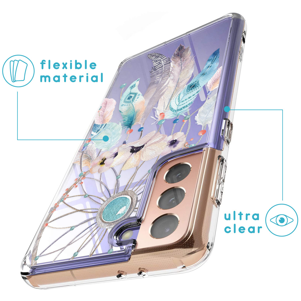 Transparante telefoonhoes met dromenvanger ontwerp en telefoon.