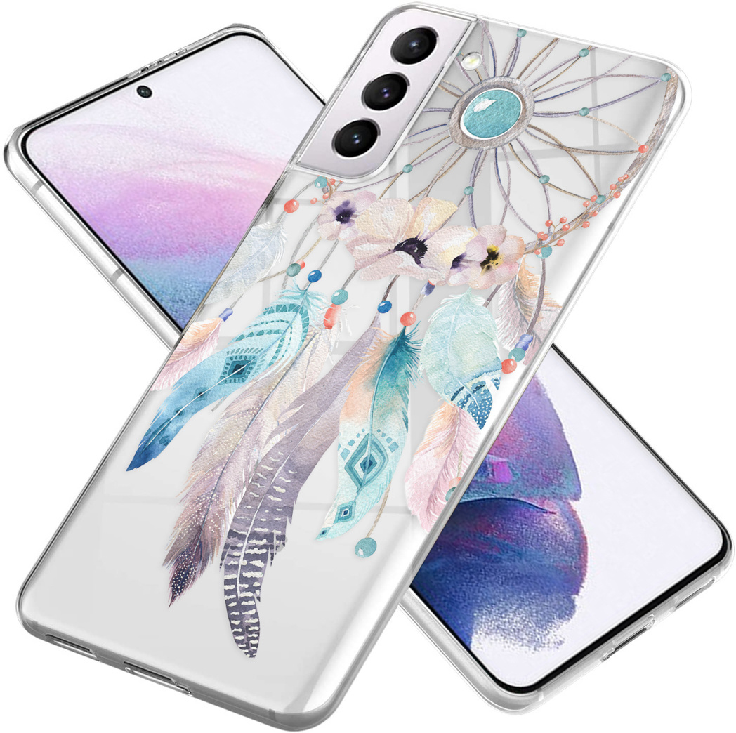 Transparante telefoonhoes met dromenvanger ontwerp. Veren, kralen en bloemen. Twee telefoons.