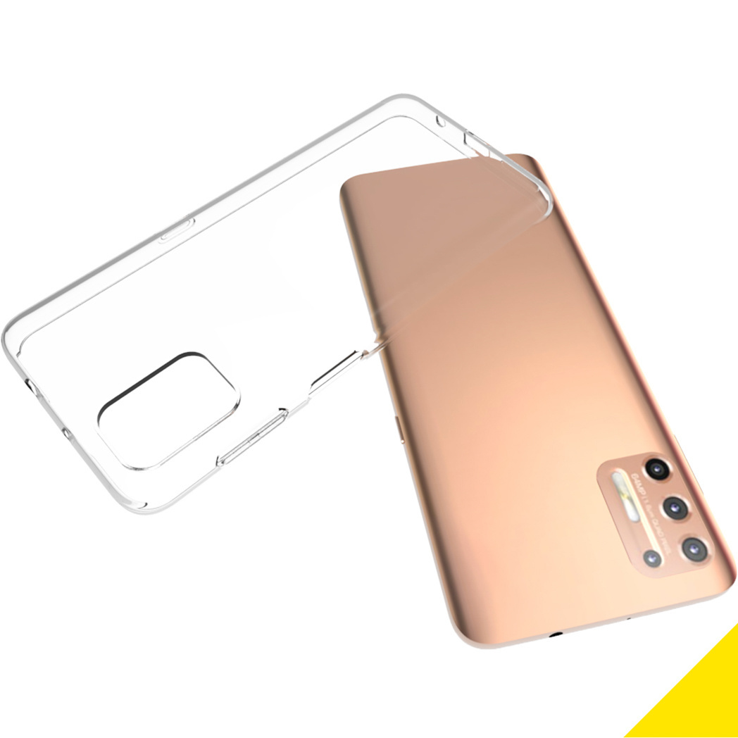 Téléphone et une coque transparente. Le téléphone est de couleur rose. La coque est sur le téléphone.