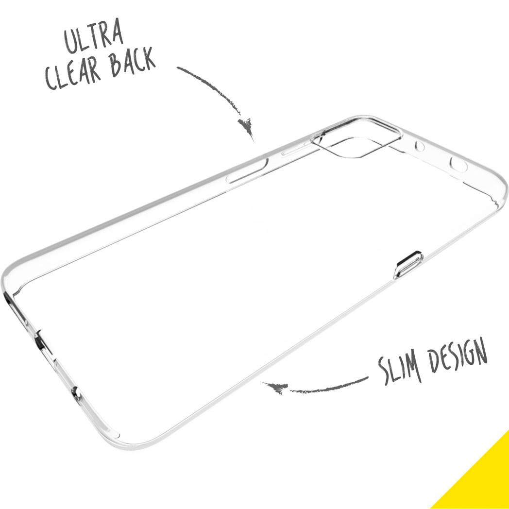 Coque de téléphone transparente. Les mots 'ULTRA CLEAR BACK' et 'SLIM DESIGN' y sont écrits.