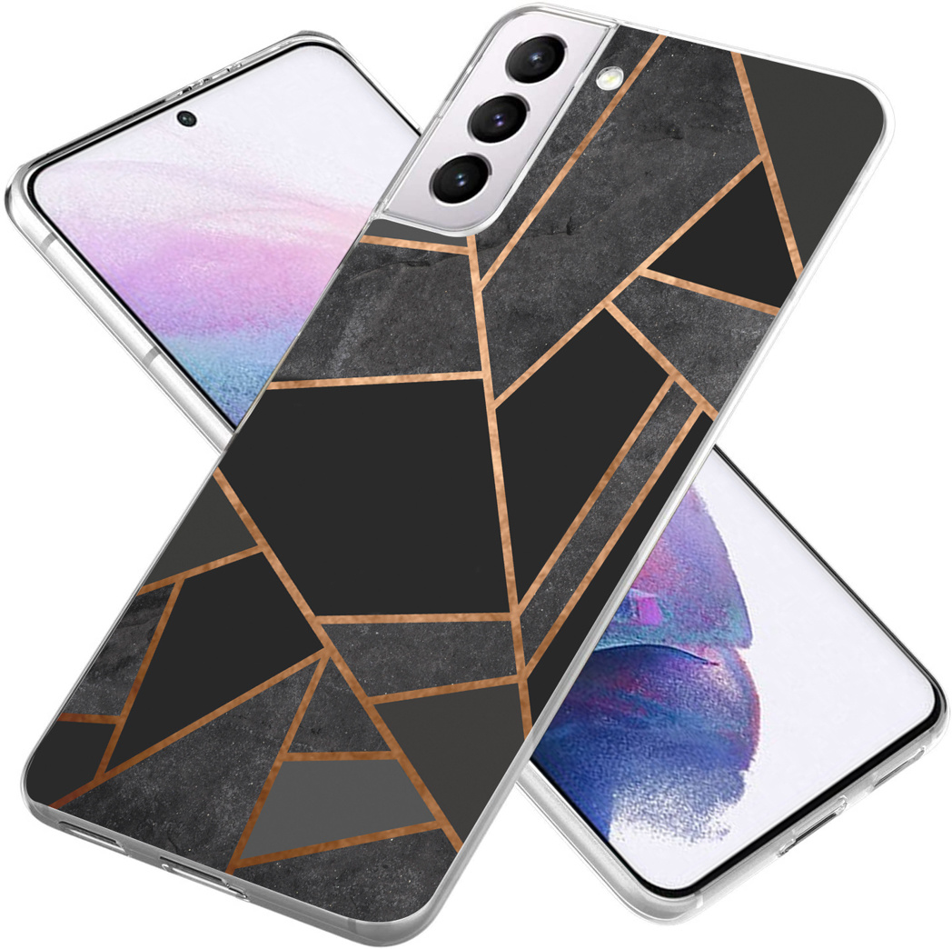 Twee telefoons met een zwart marmerontwerp. Eén telefoon zit in een transparante hoes.