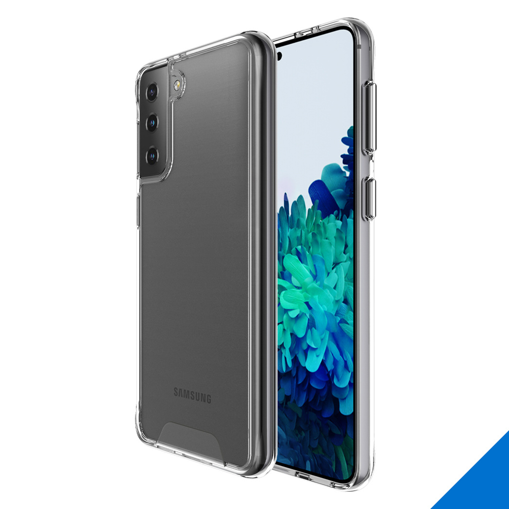 Transparante telefoonhoes op wit oppervlak. Telefoon met scherm zichtbaar.