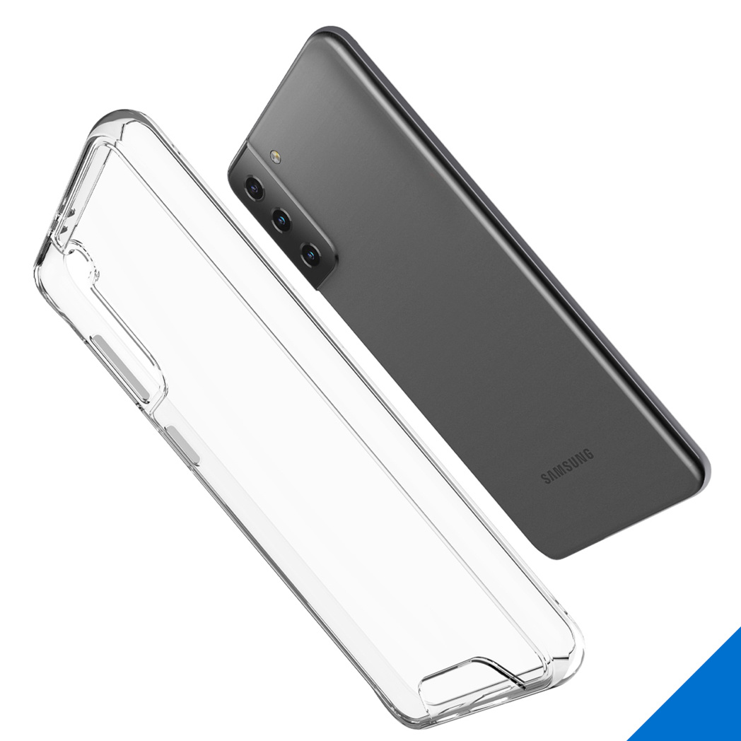 Twee telefoons met hoesjes. De hoes is transparant. De telefoons zijn grijs.
