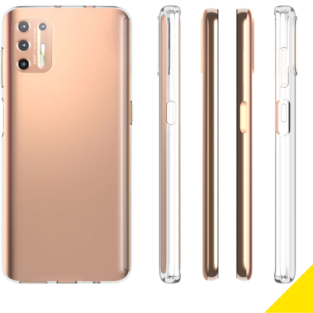 Coque de téléphone avec dos transparent et cadre doré.