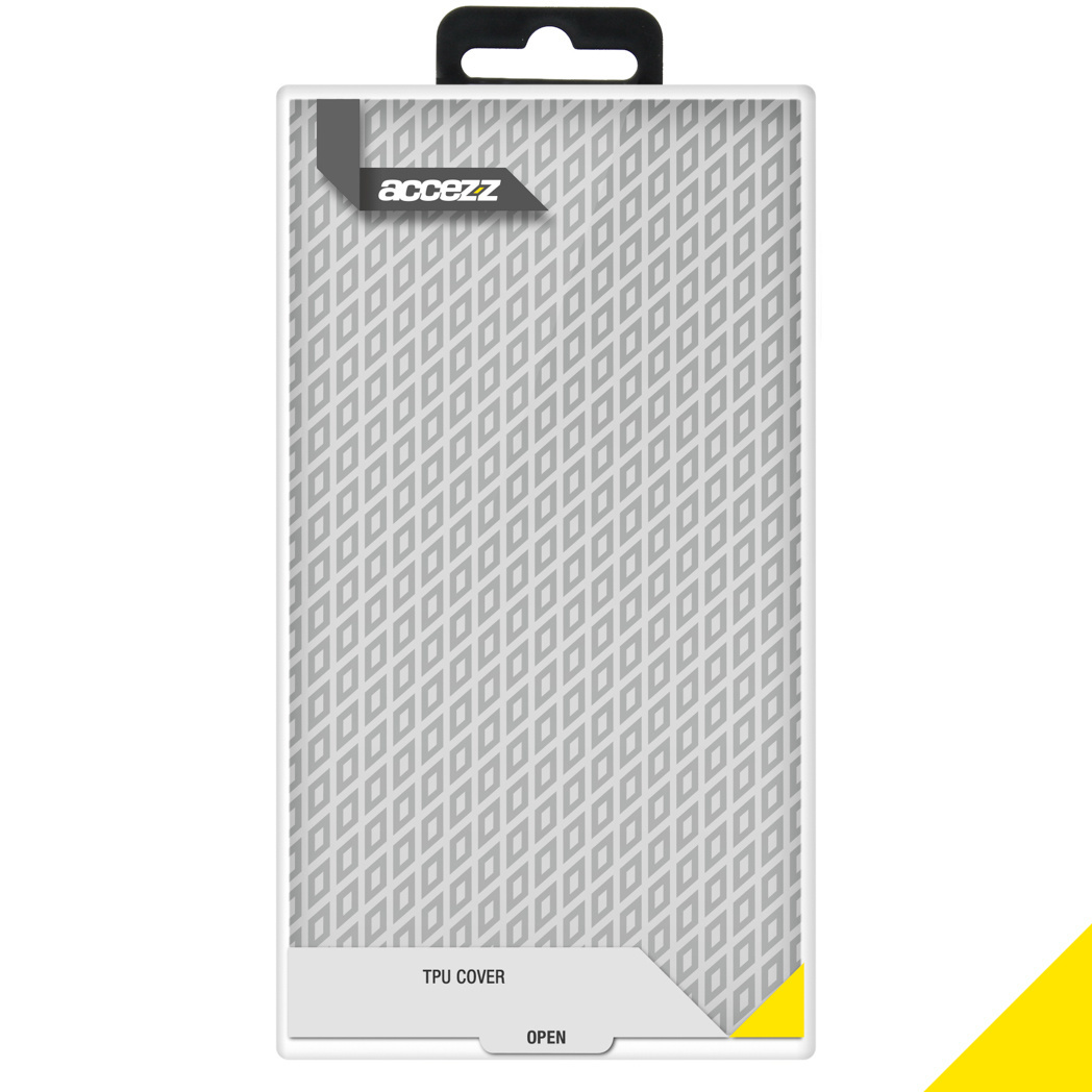 Emballage d'étui de téléphone, blanc et gris avec motif diagonal, et la marque 'accez'.