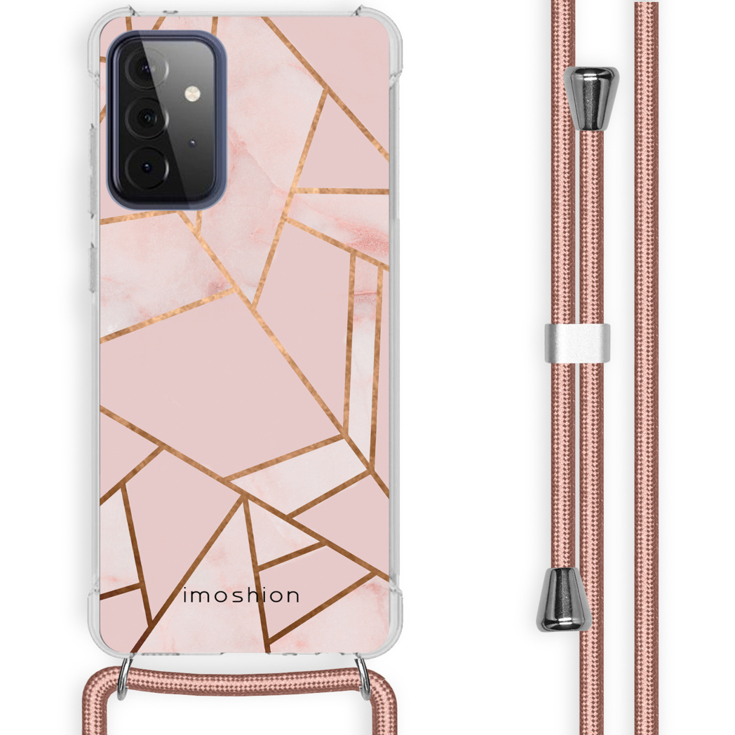 Roze telefoonhoes met geometrisch design, telefoon en roze koord.