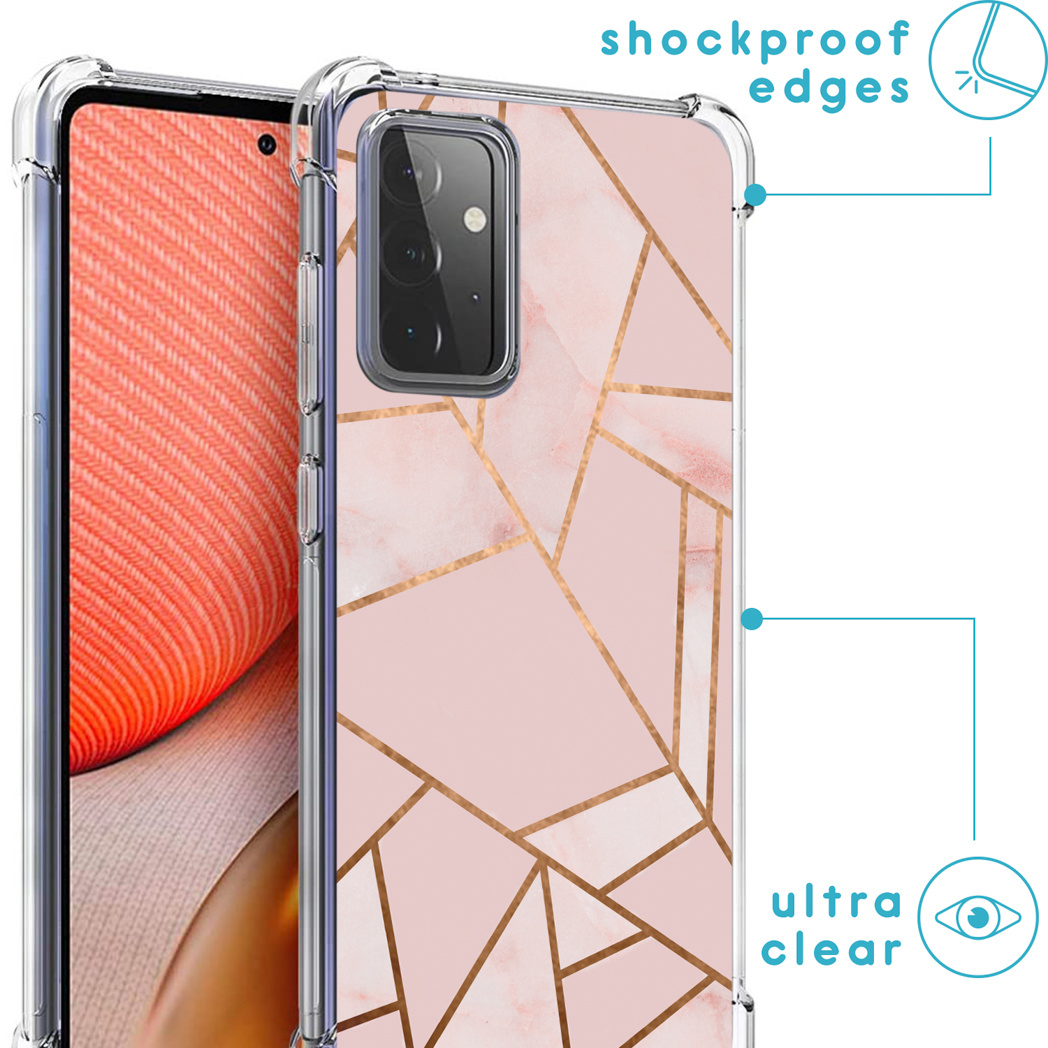 Transparante telefoonhoes met een roze marmer en goud geometrisch ontwerp. Toont de zijkant en achterkant.