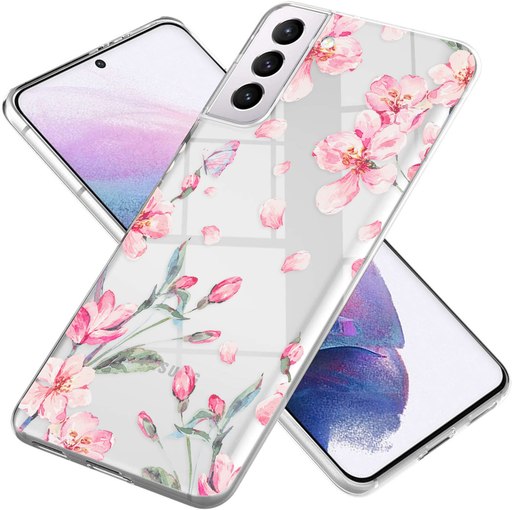 Deux téléphones dans des étuis transparents à fleurs. Des fleurs roses sont imprimées sur les étuis. Le fond est blanc.