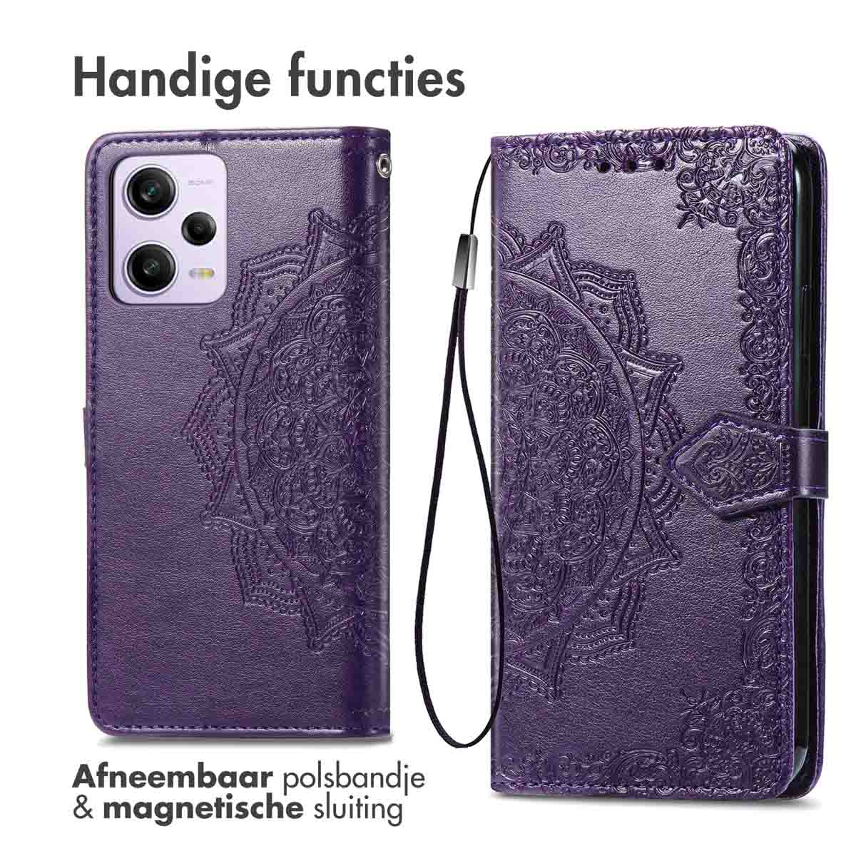 Une coque de téléphone violette avec une dragonne et un mandala.