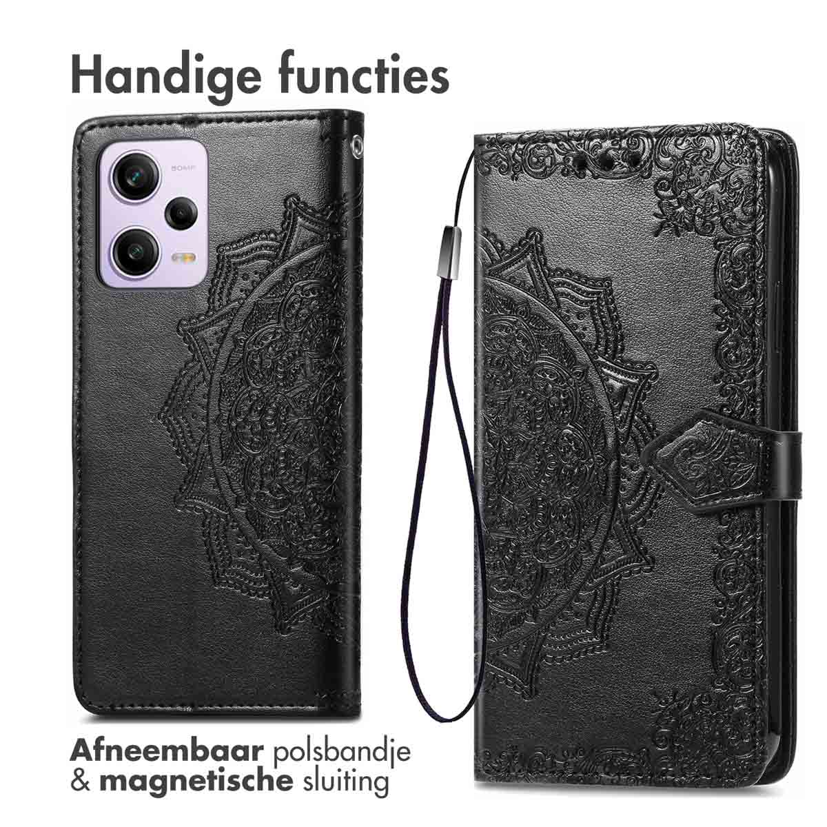 Coque de téléphone noire ouverte avec motif mandala. Dragonne et fermeture magnétique.