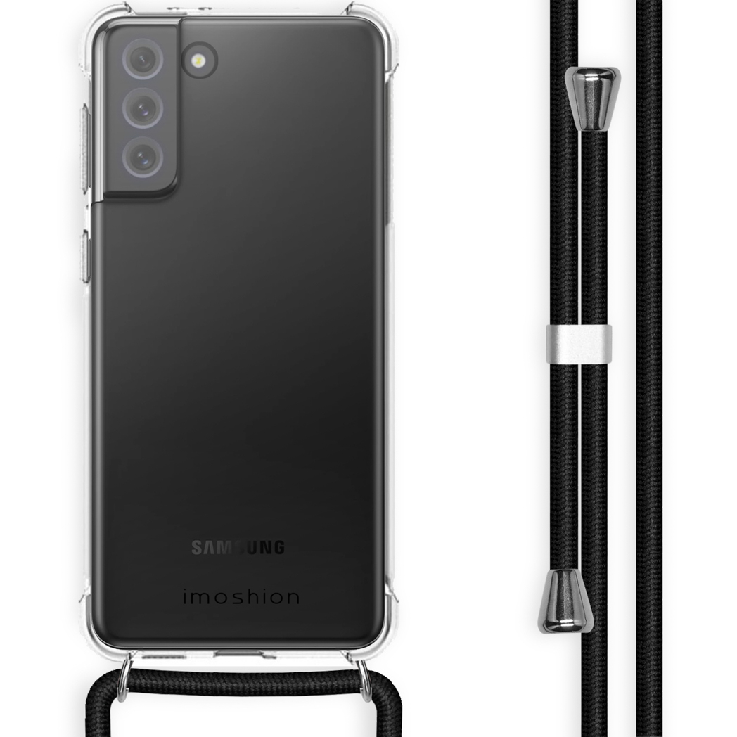 Coque de téléphone transparente avec cordon noir, téléphone à l'intérieur, coque transparente, cordon noir.