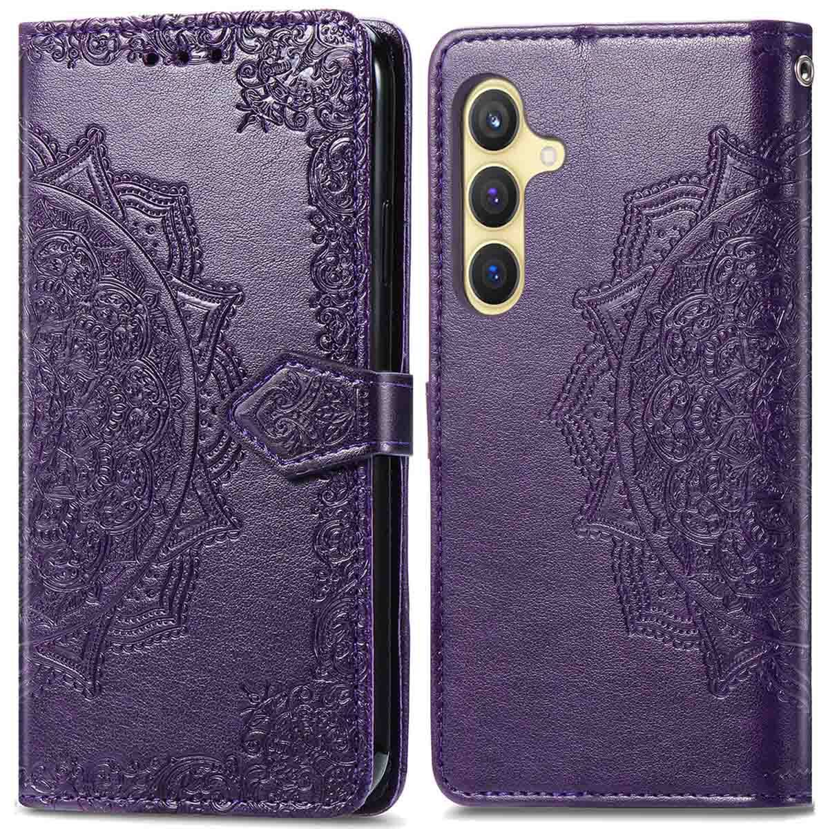 Coque de téléphone violette avec motif en relief décoratif des deux côtés.