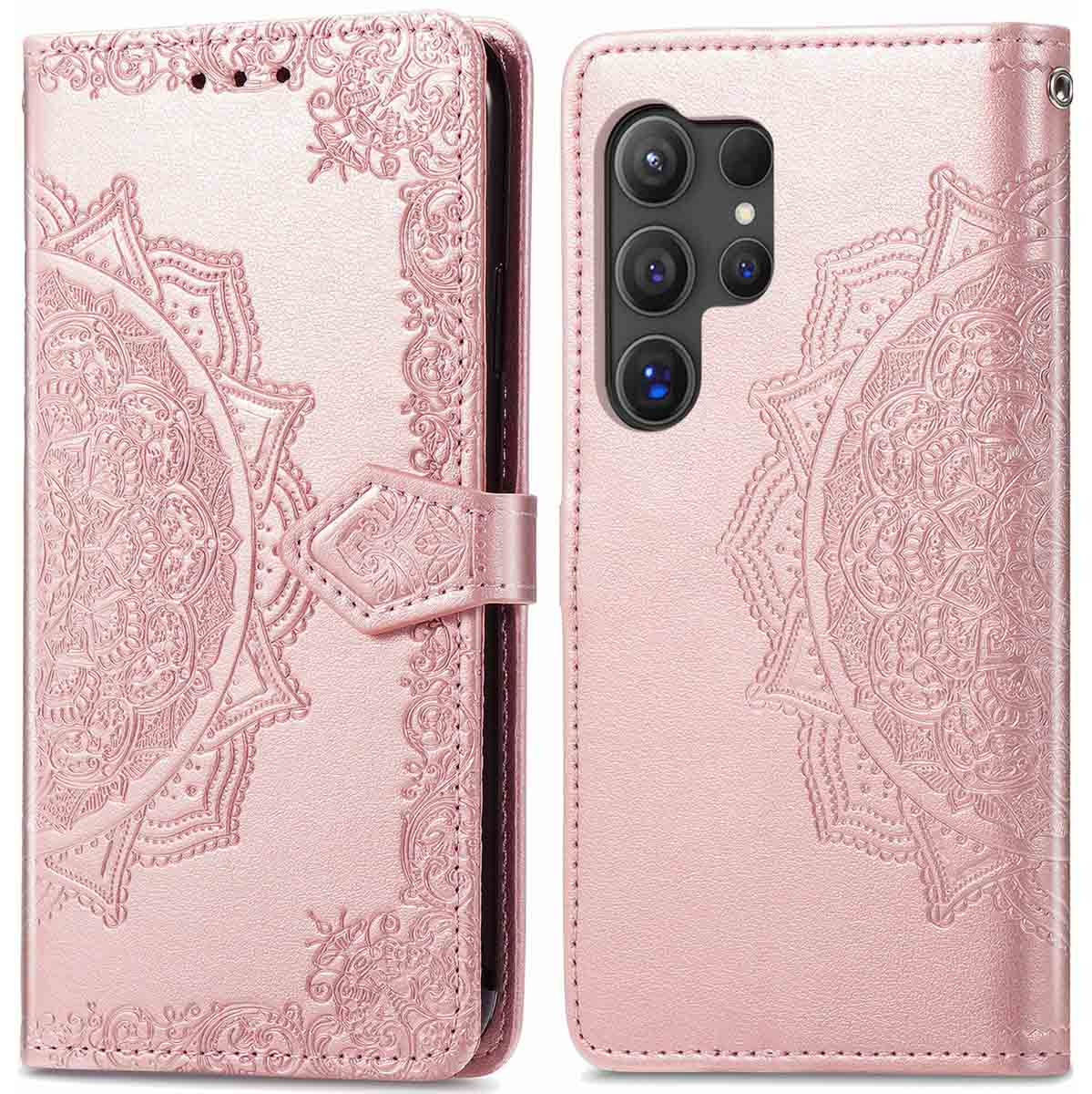 Roze telefoonhoes met mandala-ontwerp, open om de telefoon te tonen, magnetische sluiting.