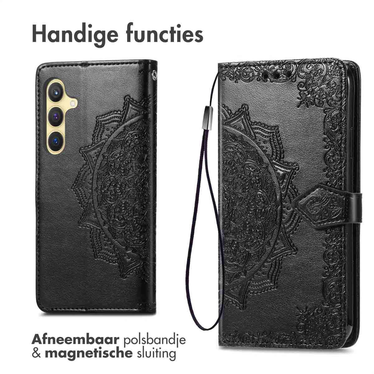 Zwarte telefoonhoes open. Afneembare polsband en magnetische sluiting. Mandala ontwerp.