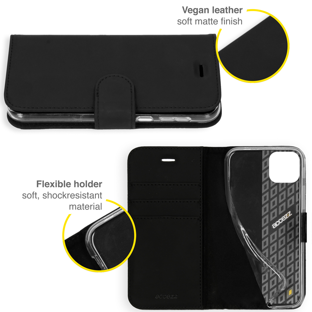 Custodia per telefono in pelle vegana nera, aperta e chiusa. La custodia aperta rivela un supporto trasparente per telefono con un motivo geometrico.