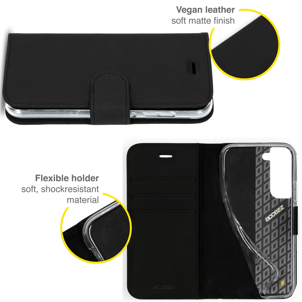 Coque de téléphone noire, ouverte et fermée, révélant cuir végan et support flexible.