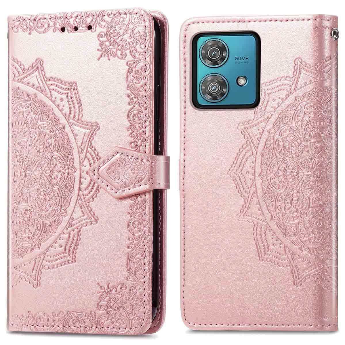 Roze telefoonhoes met mandala-ontwerp, open en dicht. Toont telefoon- en hoesdetails.