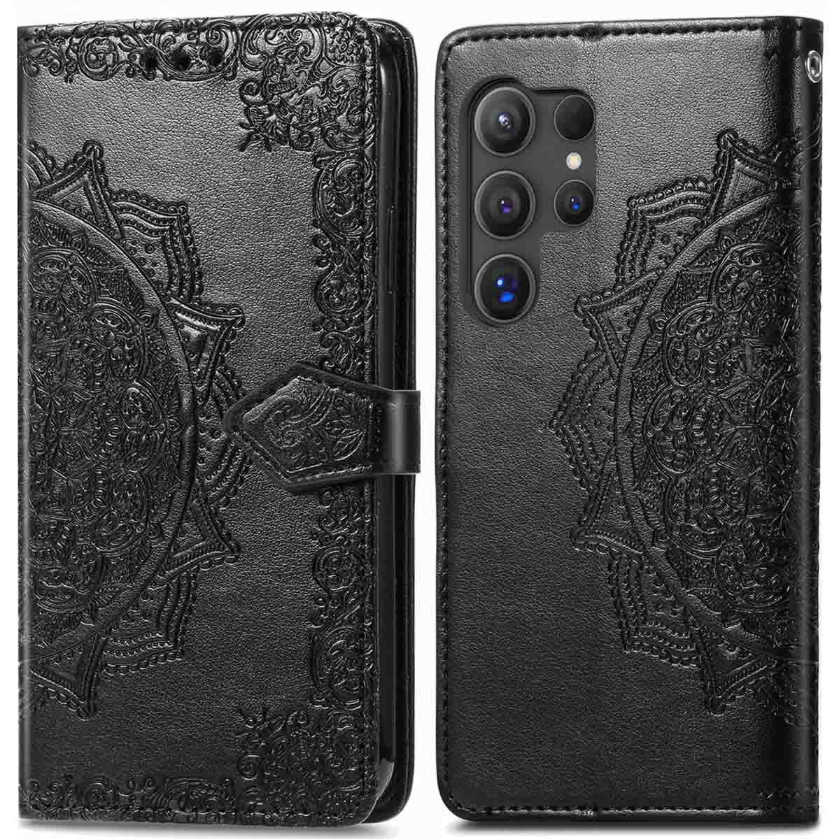 Zwarte telefoonhoes met mandala-ontwerp. De hoes is open, de telefoon zichtbaar.
