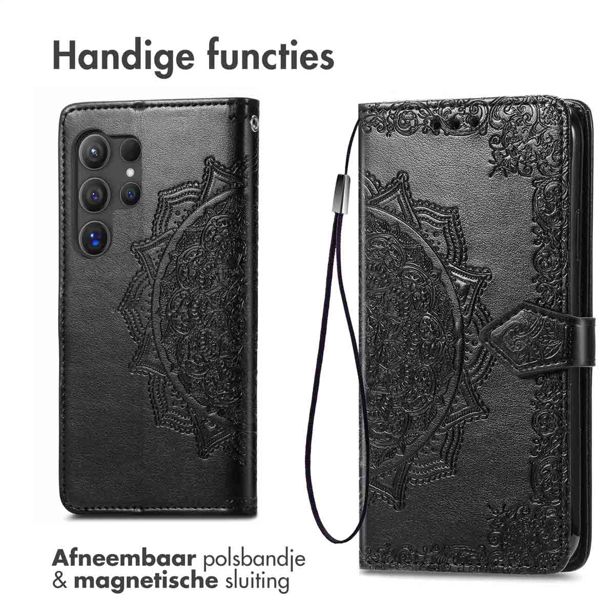 Zwarte telefoonhoes met mandala-ontwerp, afneembare polsband en magnetische sluiting.