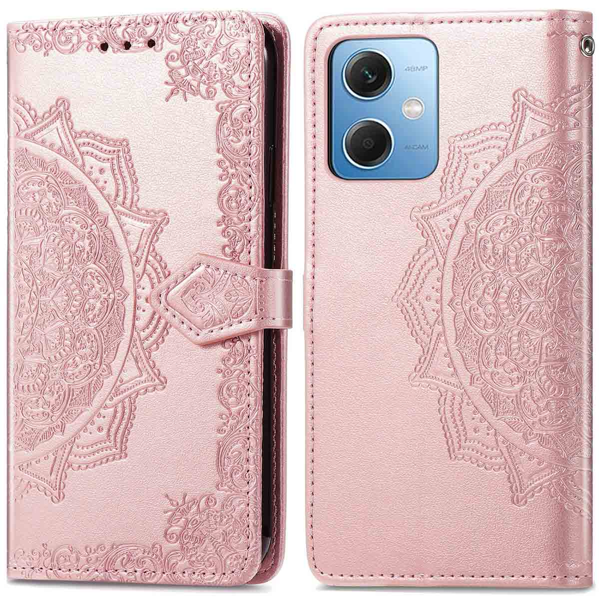 Coque rose avec motif en relief et caméra à l'arrière.