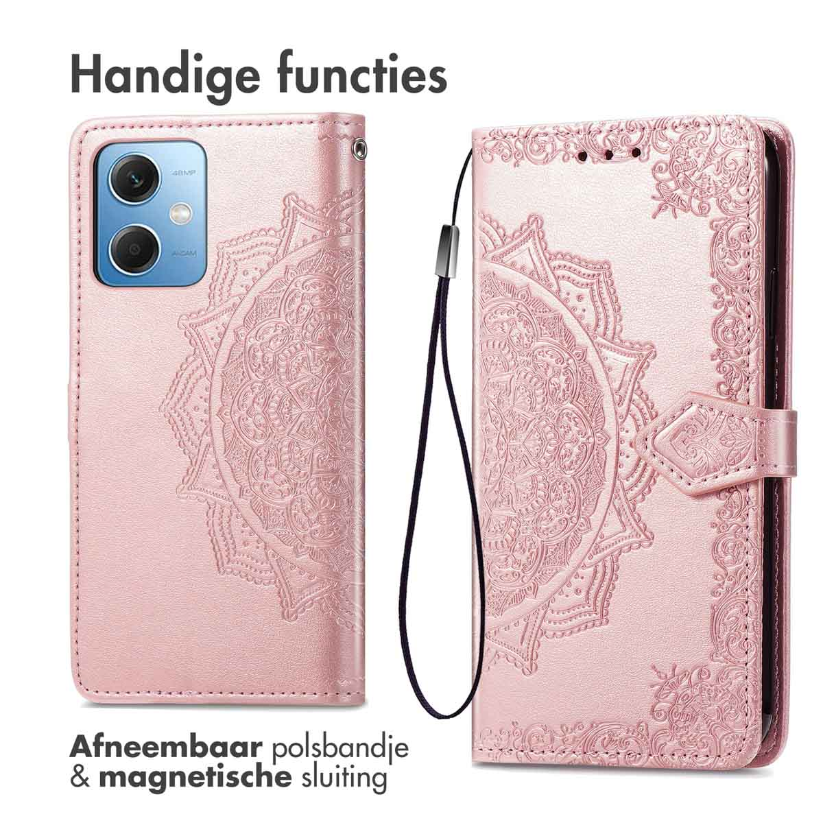 Coque rose avec motif mandala, dragonne et fermoir magnétique, ouverte.