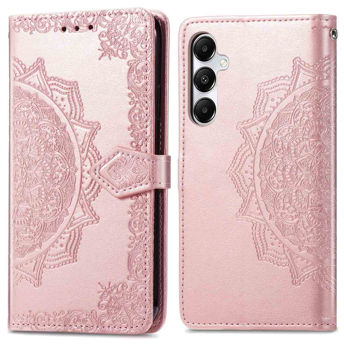 Roze telefoonhoes open, met een decoratief patroon en de achterkant van de telefoon.