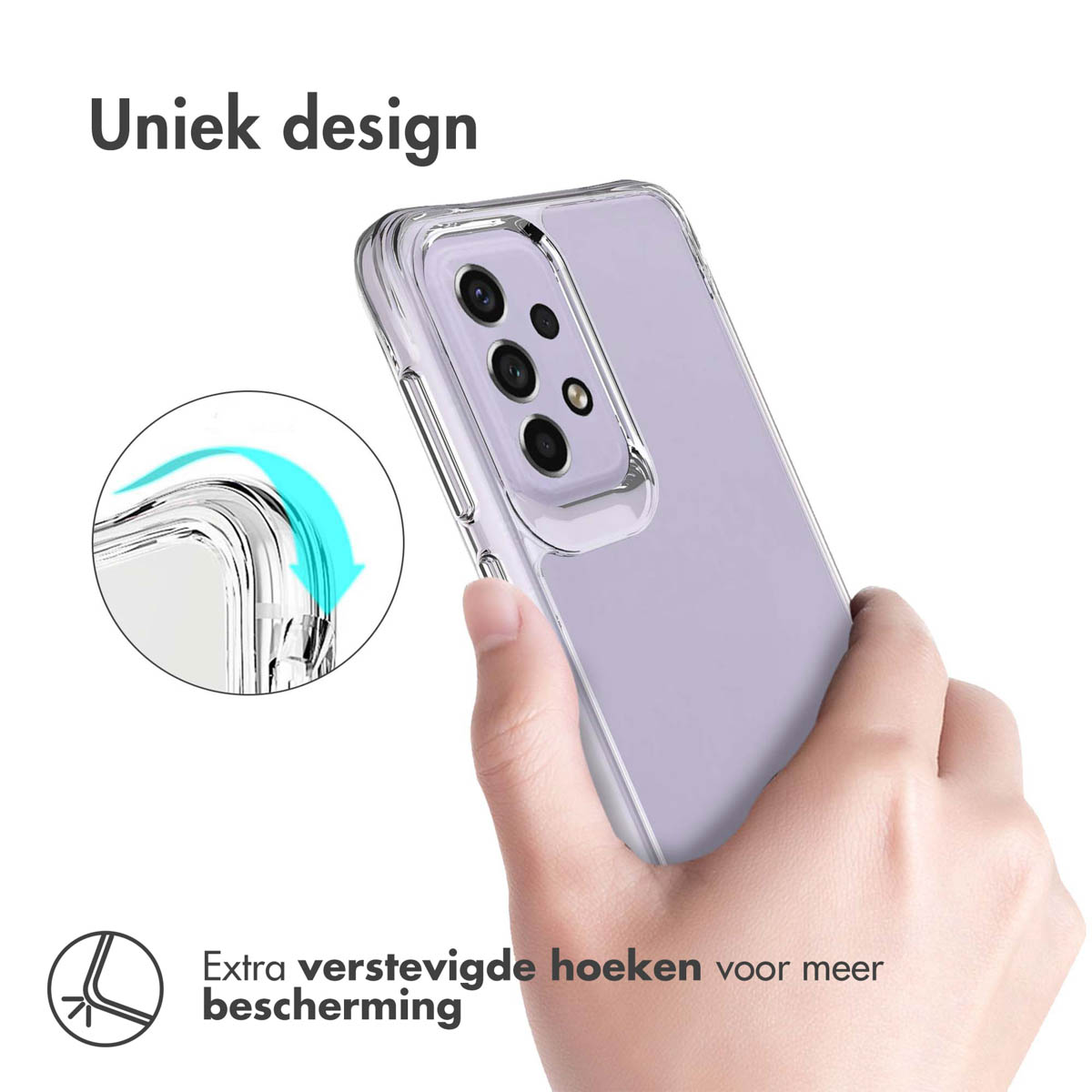 Een hand die een paarse telefoon in een doorzichtige hoes vasthoudt.