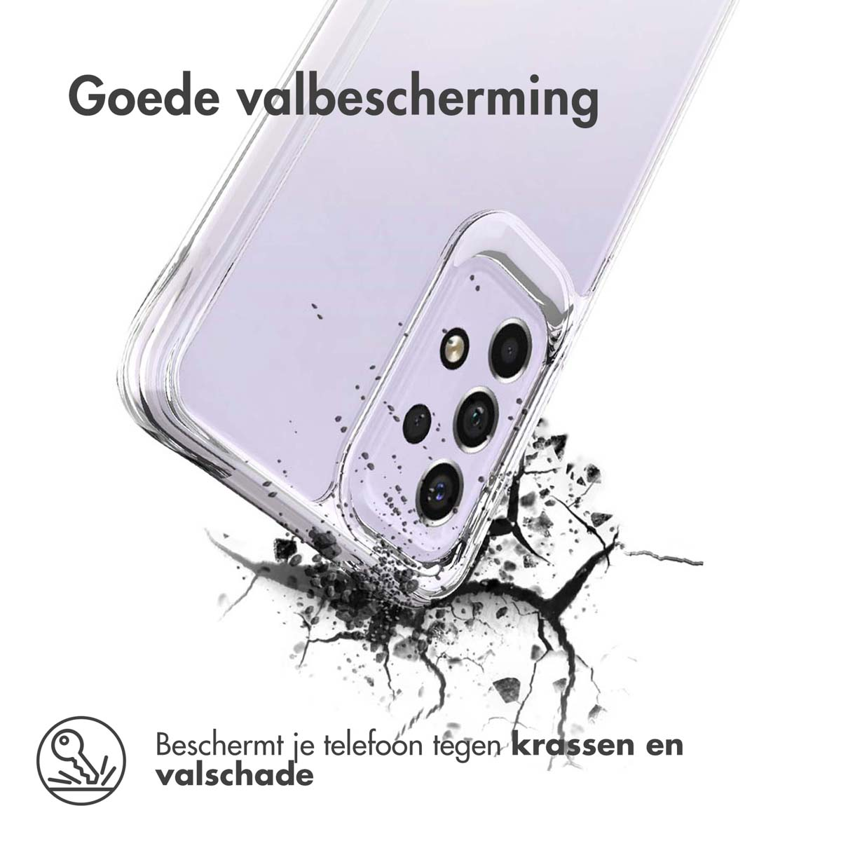 Telefoon in doorzichtige hoes. Valt, breekt de grond. Beschermt tegen schade.