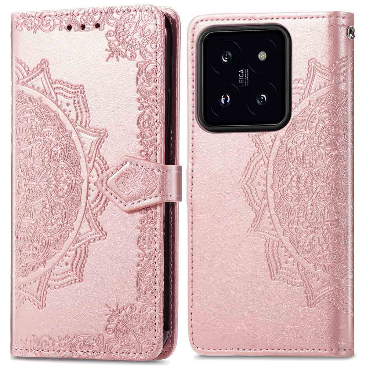 Étui de téléphone rose avec motif mandala et fermoir.