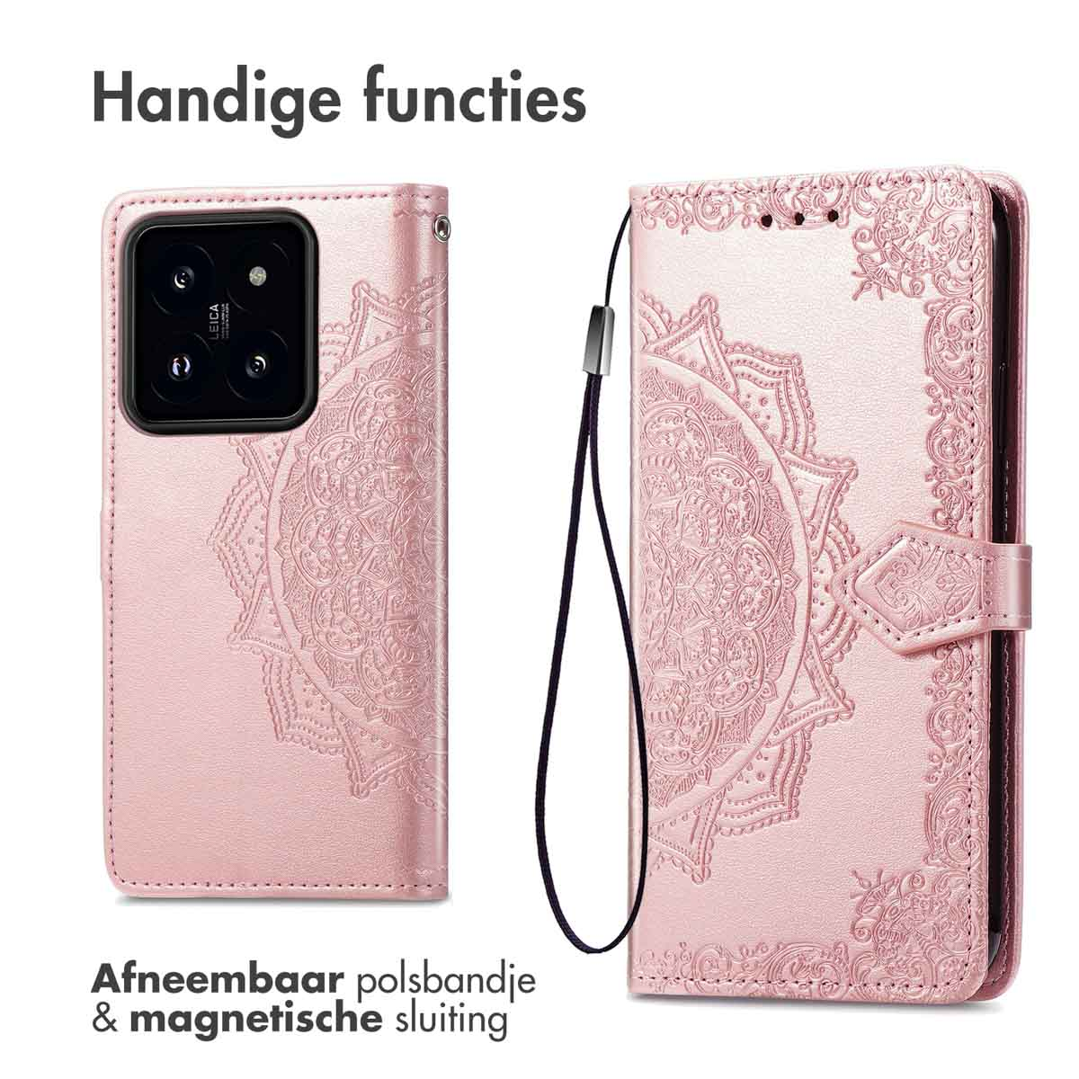 Étui de téléphone rose ouvert, motif mandala. Dragonne et fermeture magnétique.