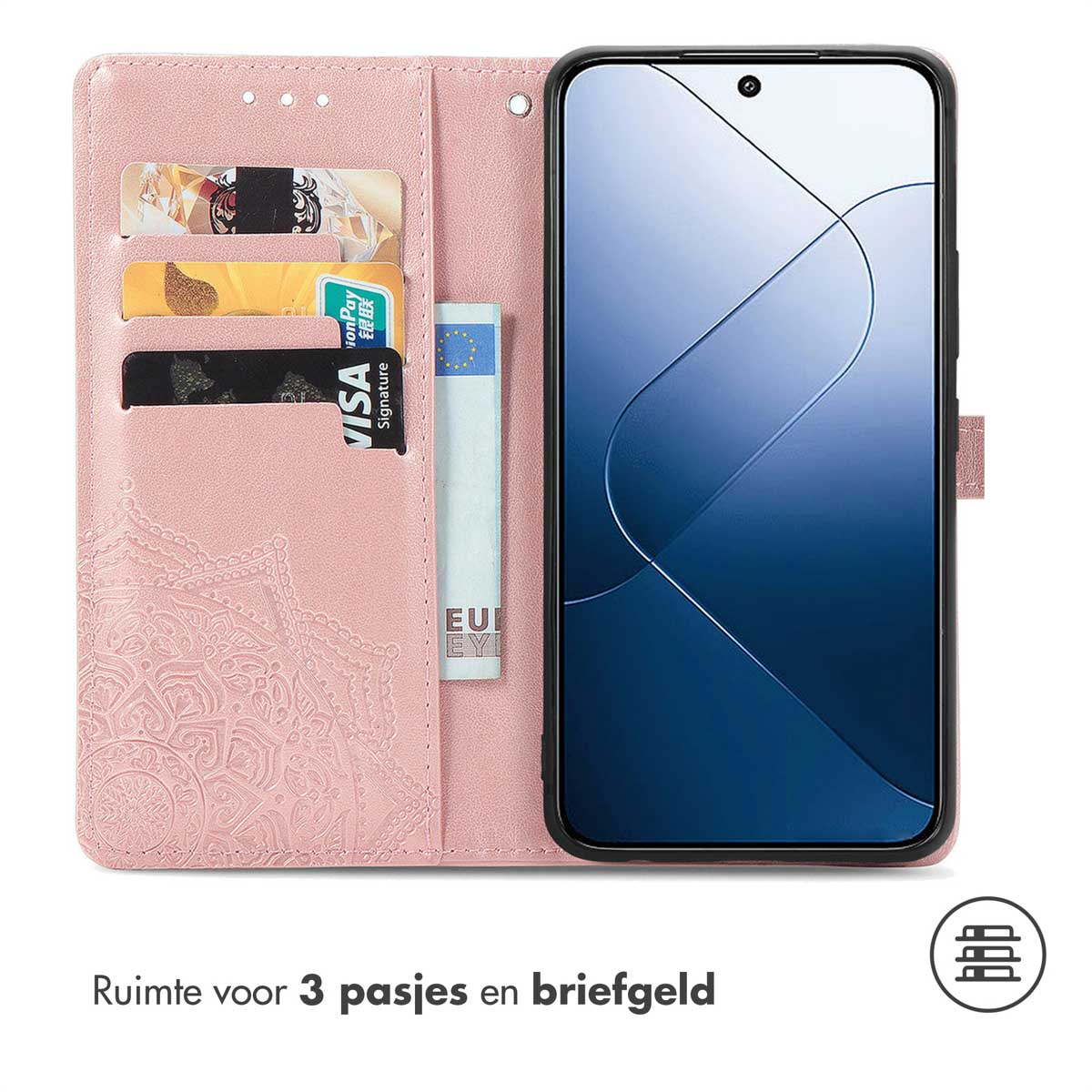 Étui de téléphone rose ouvert avec cartes et argent, montrant l'écran du téléphone.