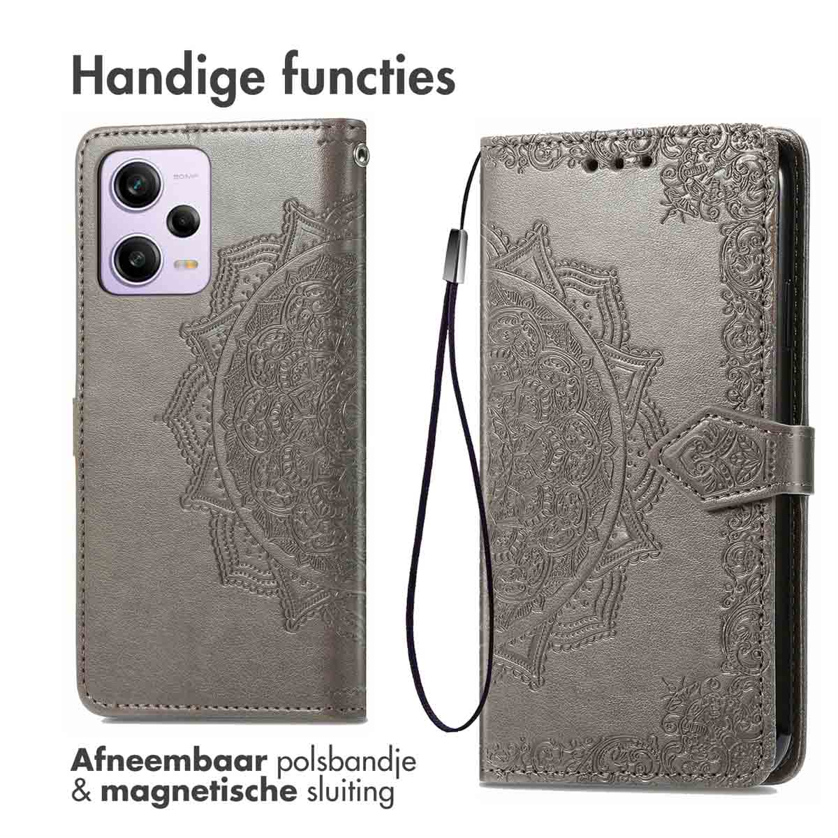 Een grijze telefoonhoes met een mandala-ontwerp en een polsbandje.