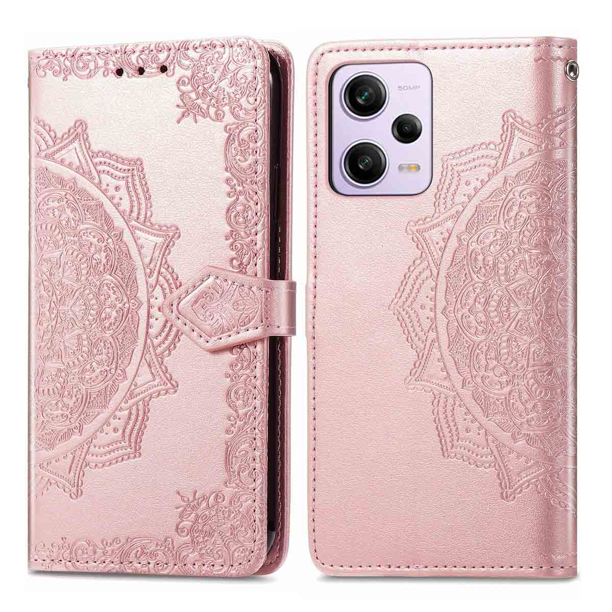 Étui de téléphone rose avec motif mandala. Le téléphone est dans l'étui.