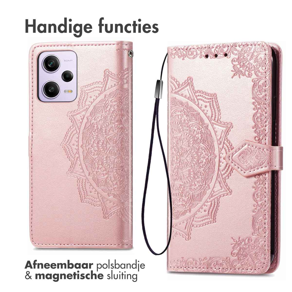 Étui de téléphone rose ouvert, motif mandala. Dragonne et fermeture magnétique.