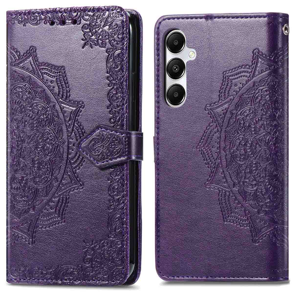 Paarse telefoonhoes met mandala-ontwerp. Open, met telefoon, en gesloten, met sluiting. Details op de hoes.