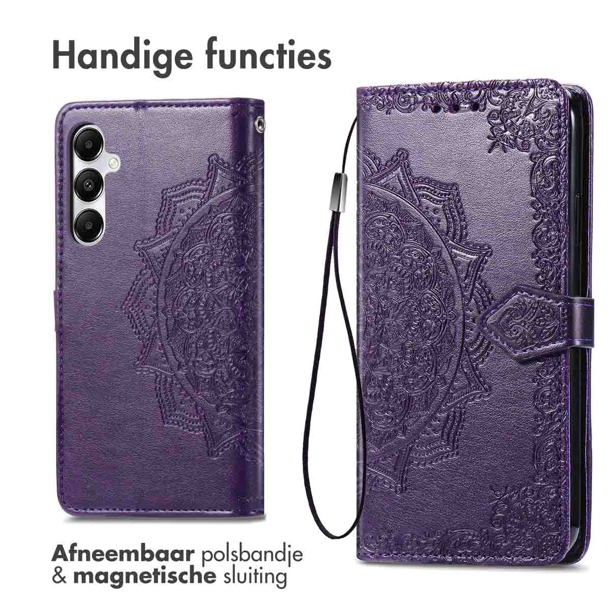 Paarse telefoonportemonnee met mandala-ontwerp, afneembare polsband en magnetische sluiting.
