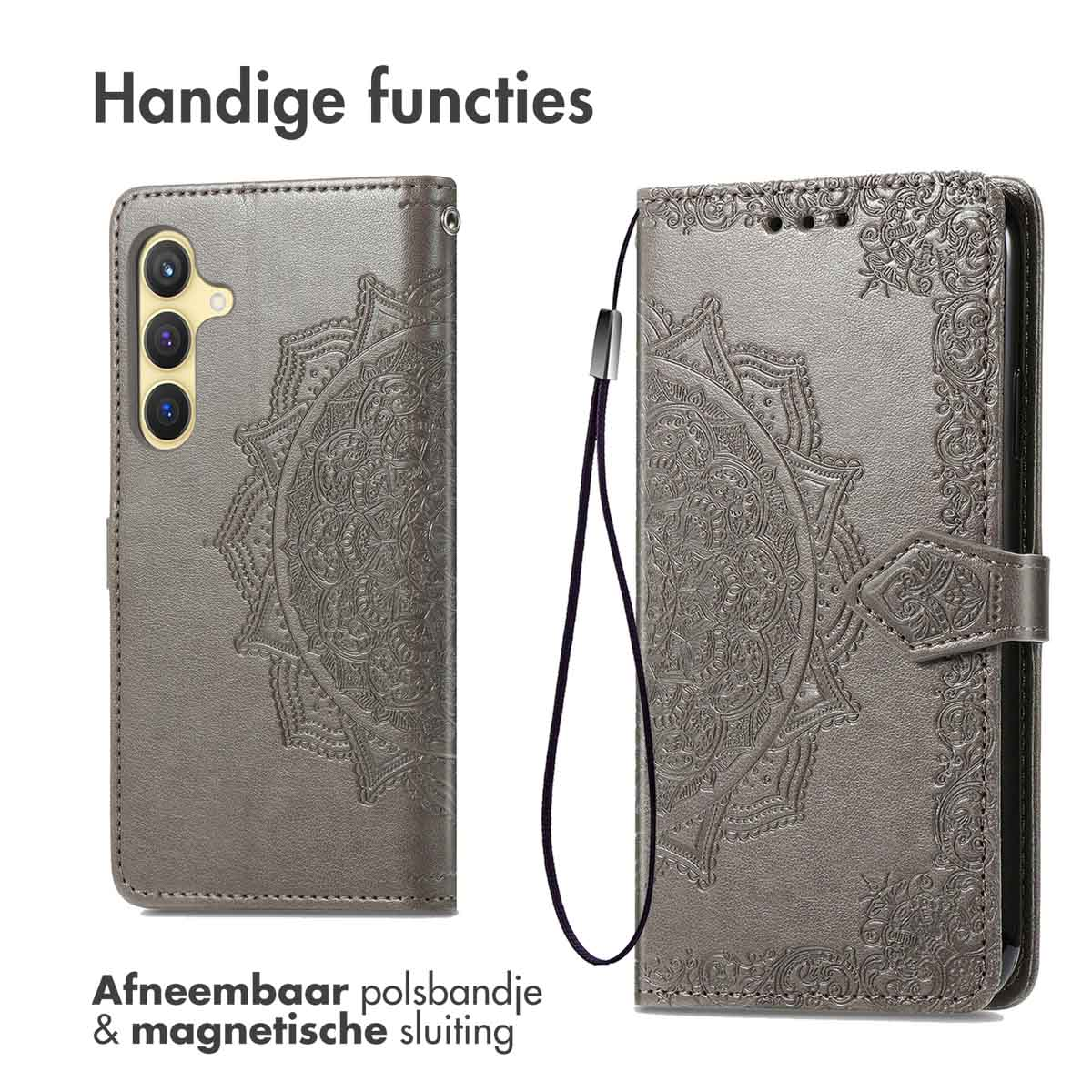 Grijze telefoonportemonnee met mandala-ontwerp, open, toont kaarten, geld en telefoon.