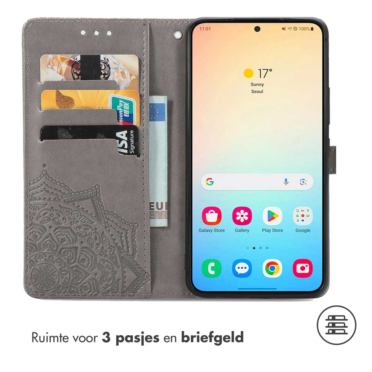 Grijze telefoonportemonnee met kaarten en telefoon, toont het scherm met iconen.