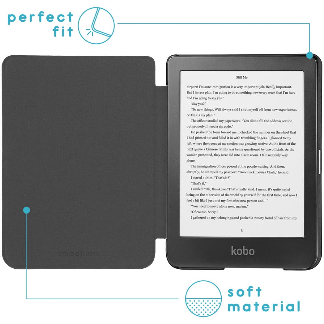 Zwarte Kobo e-reader in een grijze hoes, open op een pagina met tekst. De hoes ligt op een wit oppervlak.