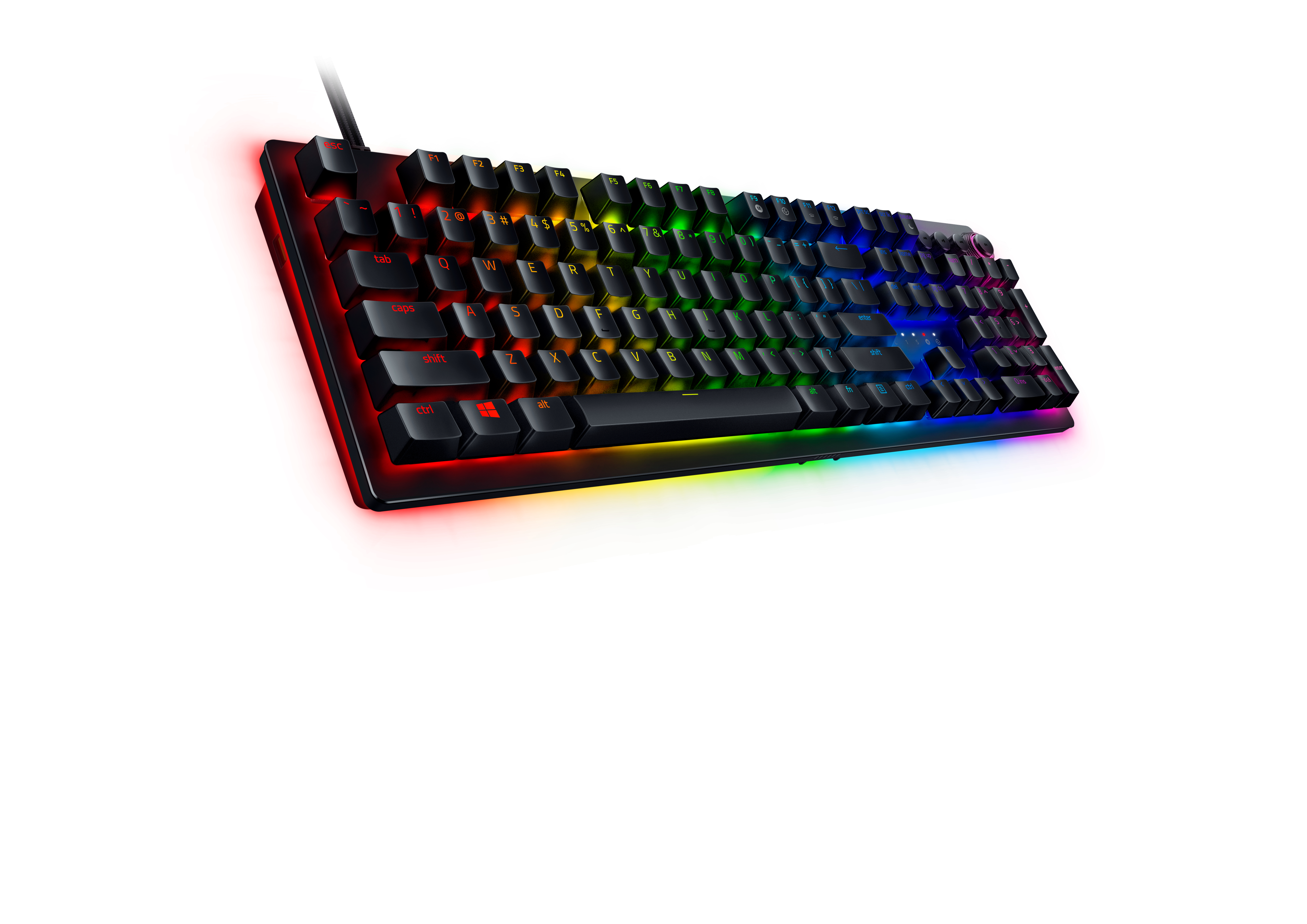 Schwarze Tastatur mit beleuchteten Tasten, farbenfrohes Leuchten um die Ränder, auf weißem Hintergrund.
