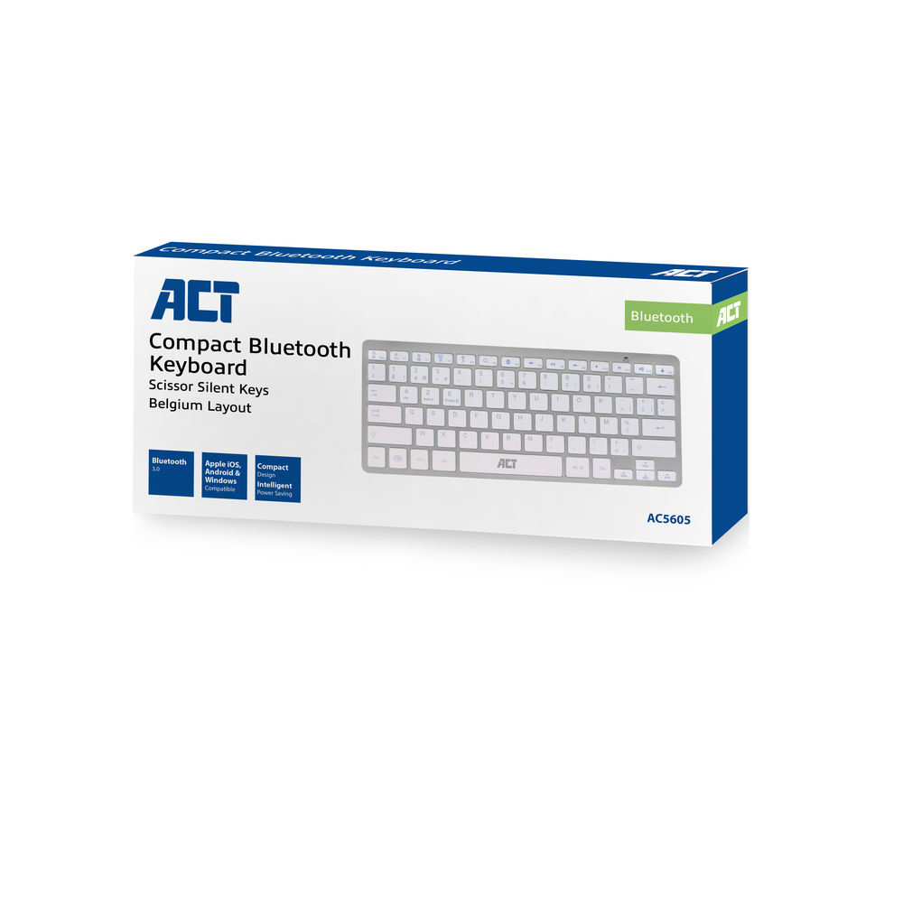 Verpackte kompakte Bluetooth-Tastatur. Weiße Tasten, schwarzes Gehäuse. Die Marke ist ACT.