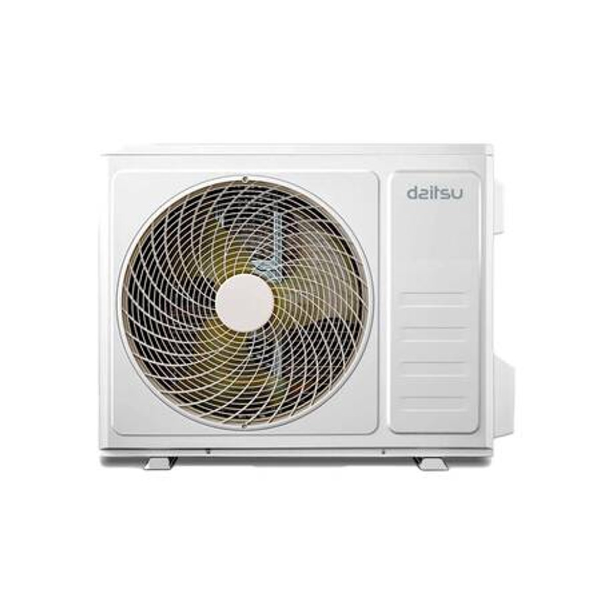 Unidad de aire acondicionado blanca. Cuenta con un ventilador y un panel lateral con la marca.