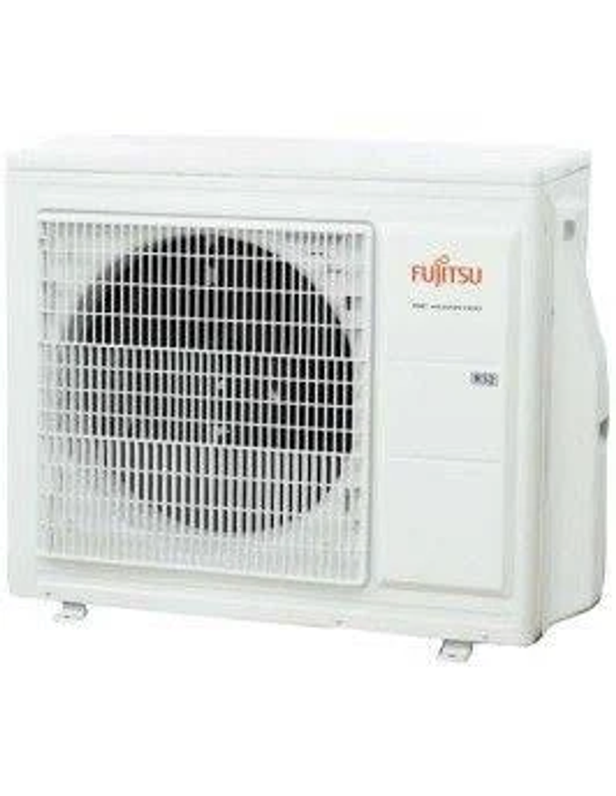 Unidad exterior de aire acondicionado blanca con ventilador y el logotipo de Fujitsu.