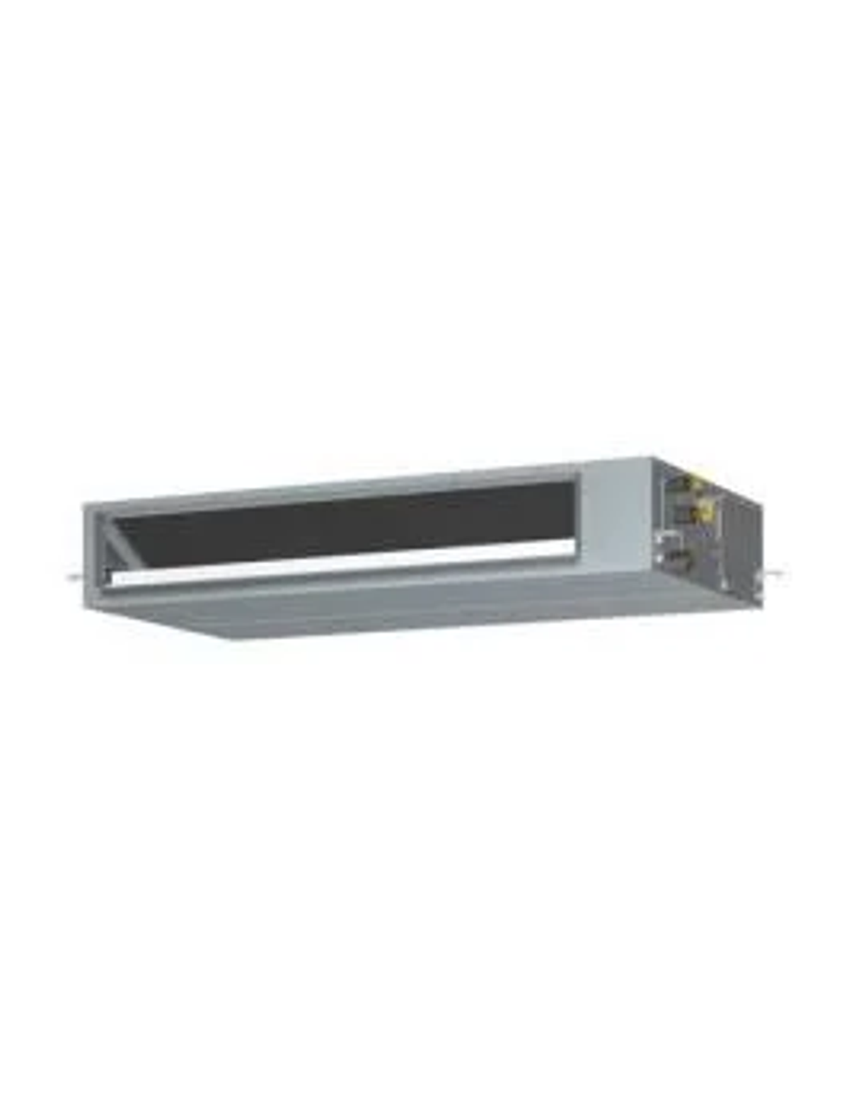 Unidad de aire acondicionado rectangular, de color plateado. La unidad está sobre un fondo blanco.
