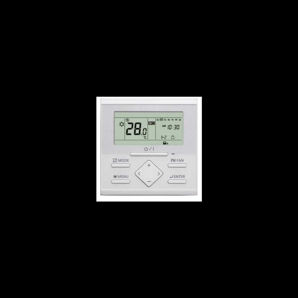 Un controlador digital blanco con una pantalla que muestra números y botones. Tiene un fondo negro.