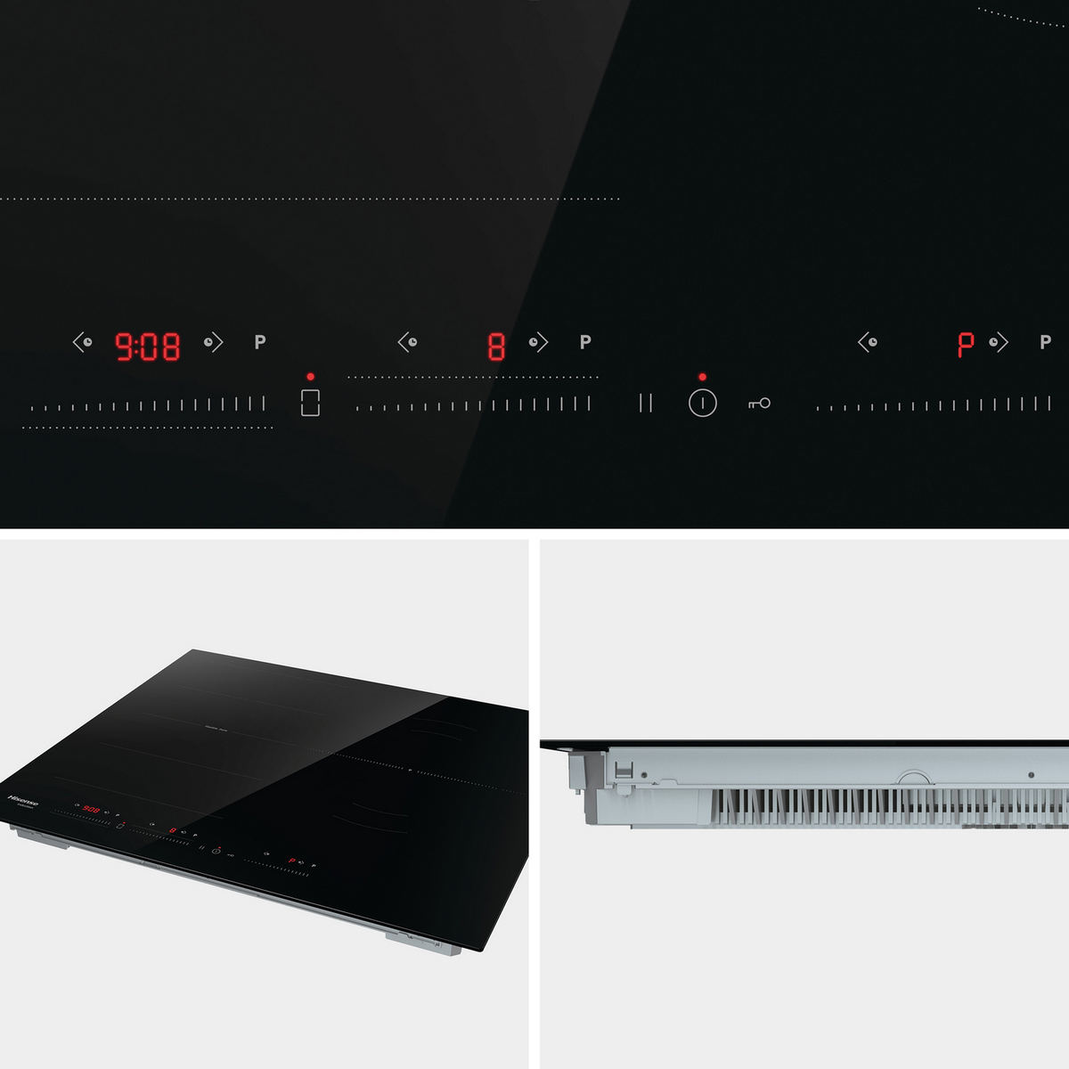 Czarna płyta indukcyjna z cyfrowymi wyświetlaczami pokazującymi ustawienia timera i mocy.