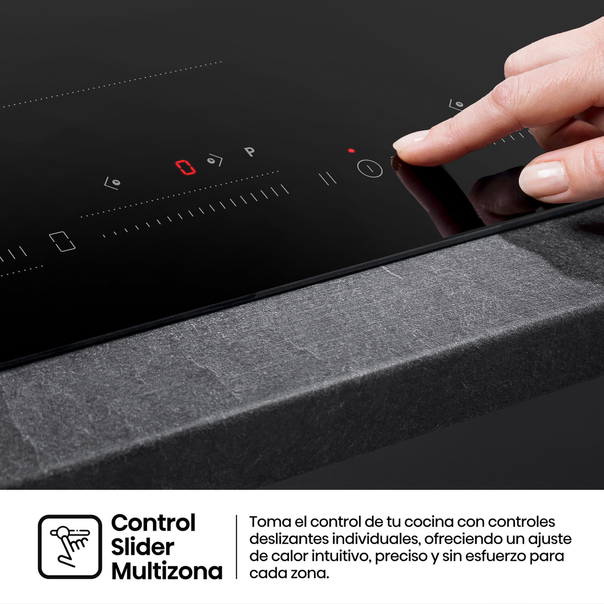 Dłoń dotyka czarnej płyty indukcyjnej z czerwonym wyświetlaczem i przyciskami.