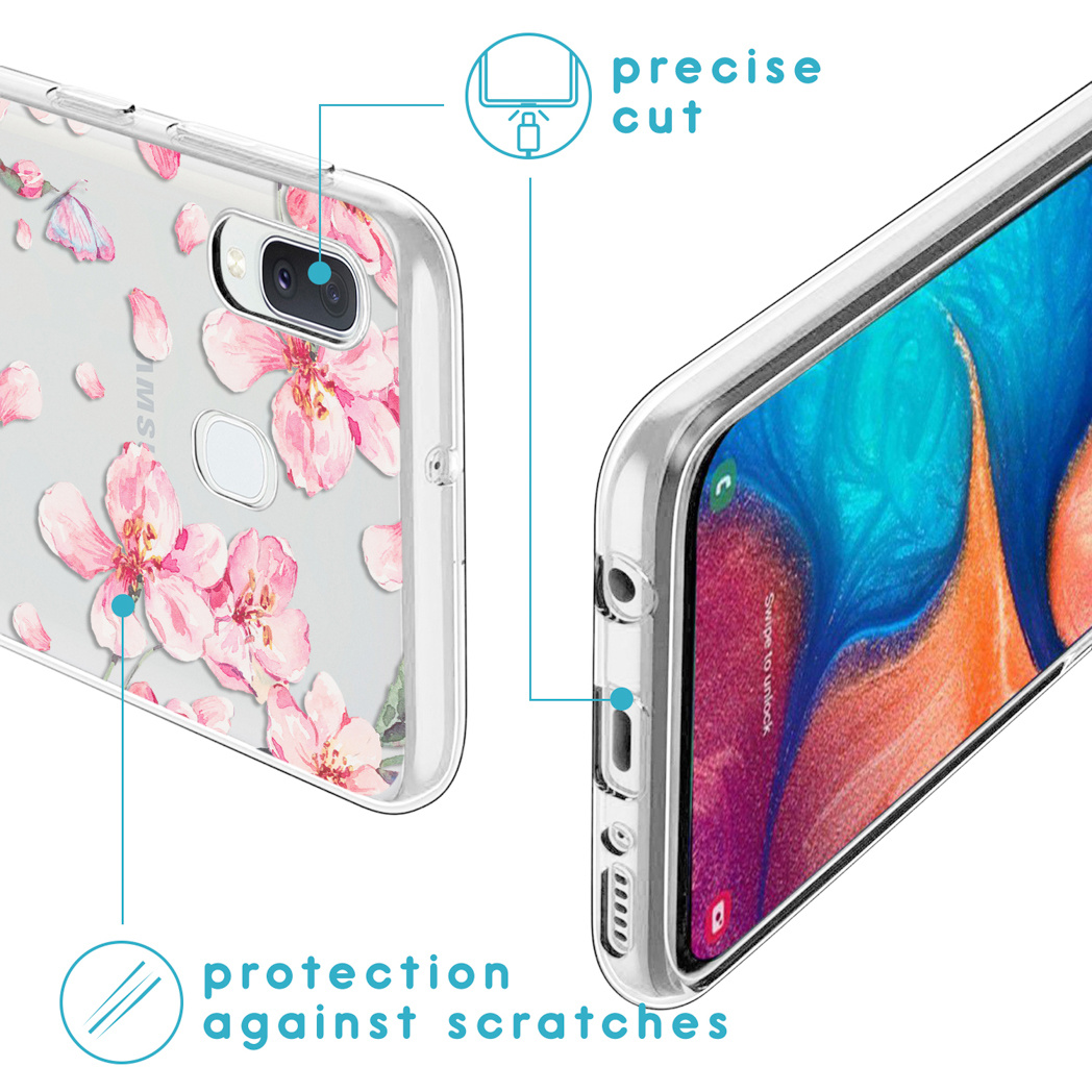 Transparente Handyhülle mit rosa floralem Design. Zeigt präzisen Schnitt und Kratzschutz.
