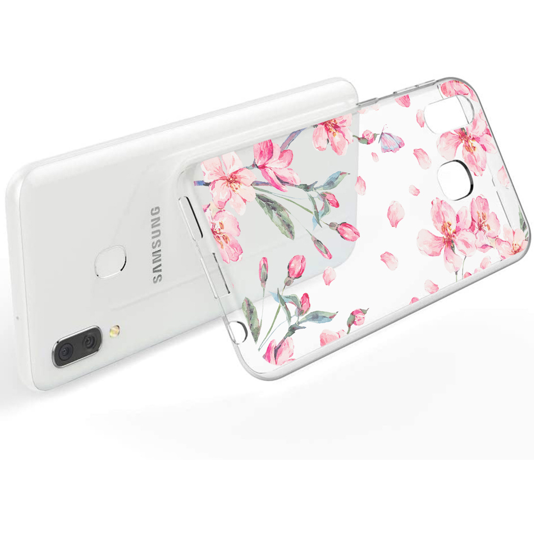 Weißes Telefon und transparente Hülle mit rosa Blumenmuster.